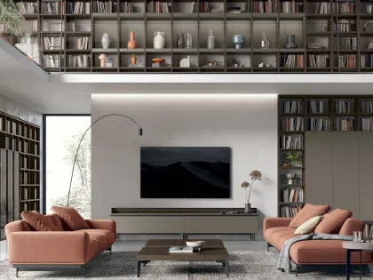 Libreria componibile Byblos da cm.90 - fianco alto 202 cm 90x36xh202 cm con  2 ante scorrevoli ripiani in laminato Bianco opaco laterale Bianco Sablé  fianchi in vetro Trasparente, Pezzani srl