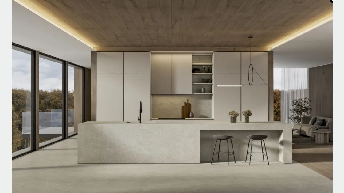 Cucina Moderna con isola Gea 01 in PET Sabbia di Arrex